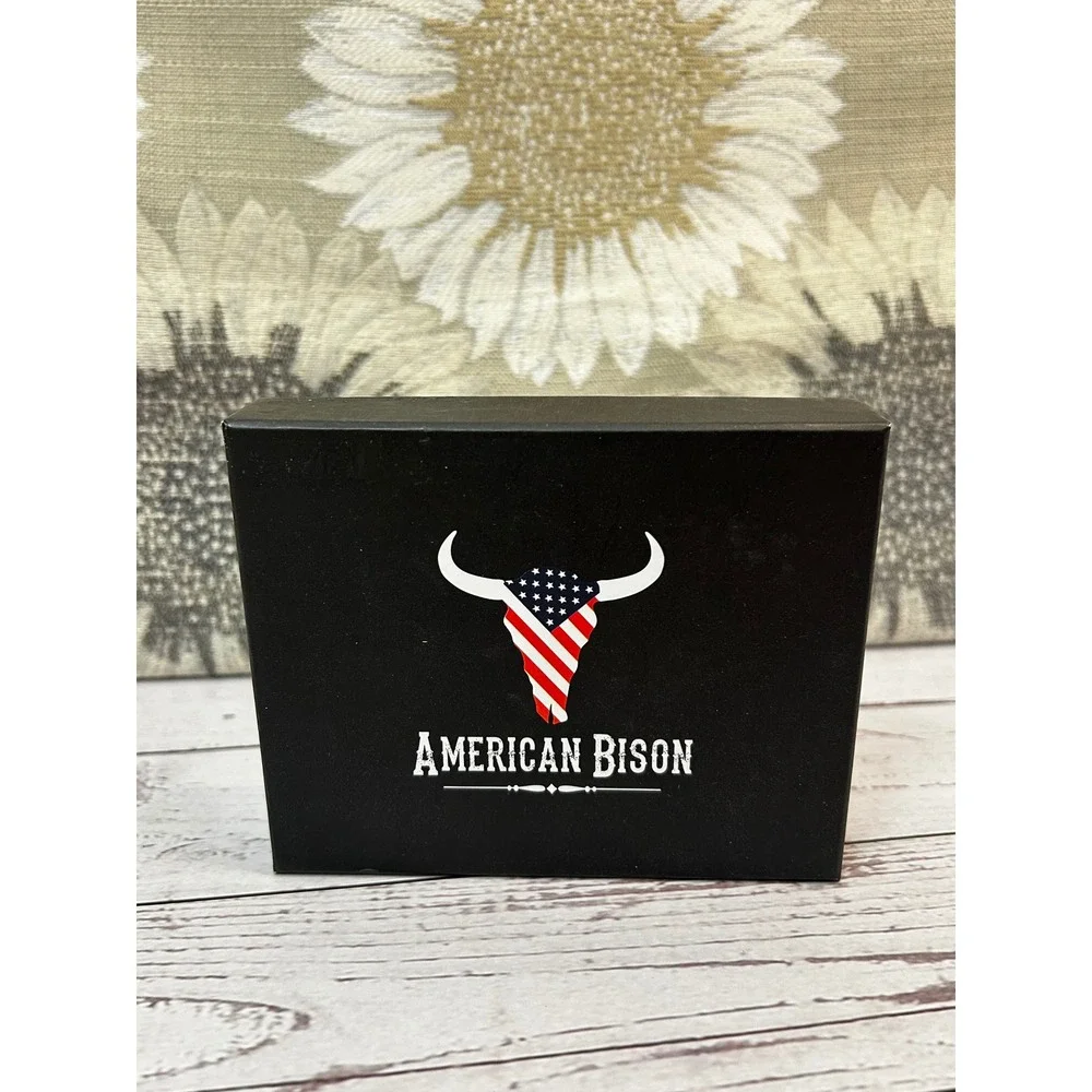 American Bison Mens‎ Black Leather Bifold Wallet RFID Secure Genuine Leather